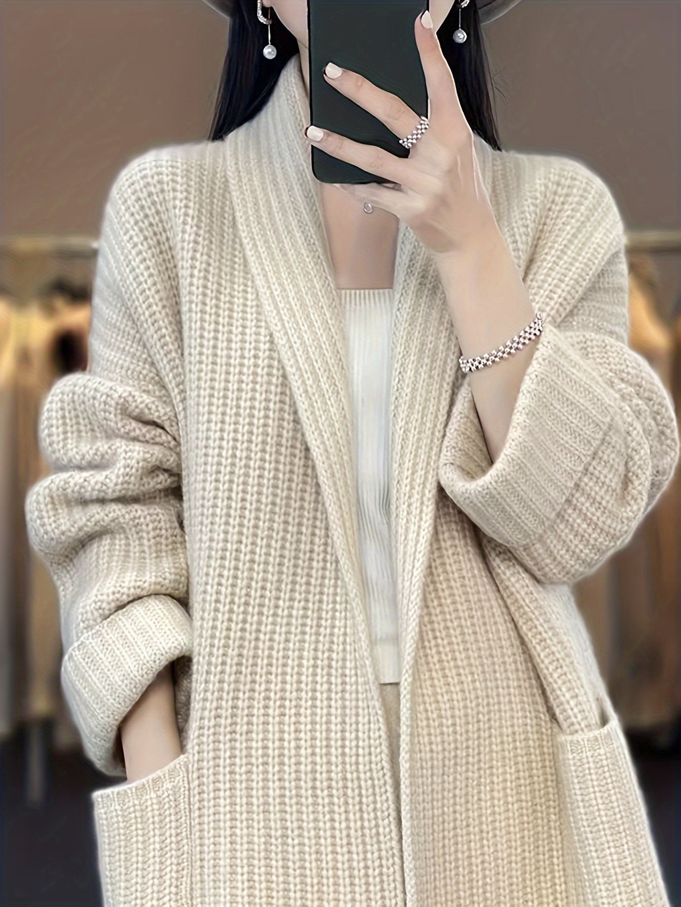 Antmvs Solid Open Front Knit Cardigan, Casual Long Sleeve Oversized Sweater Coat With Pocket, Women's Clothing