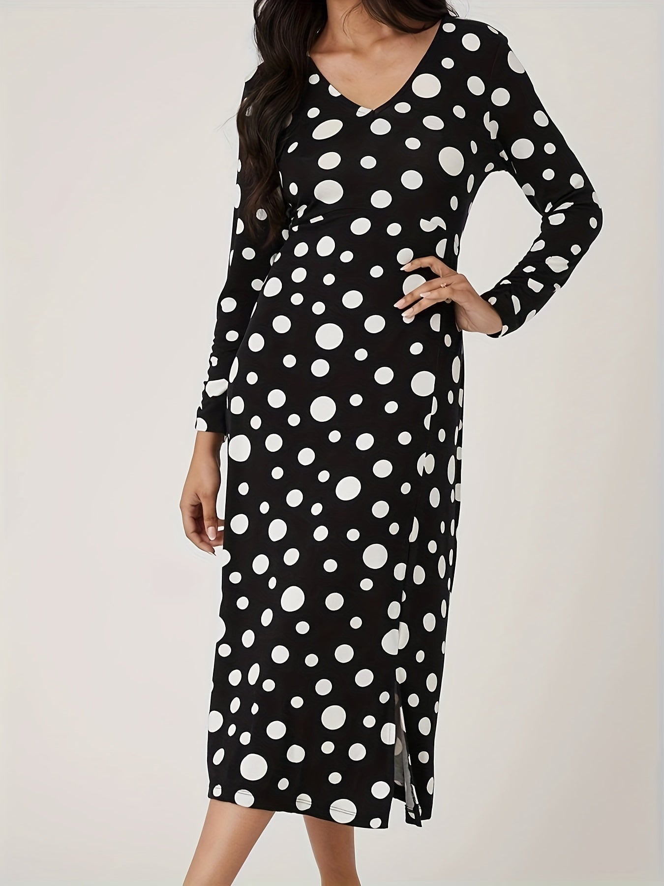 Antmvs Polka Dot Print Long Sleeve Dress, Casual V Neck Split Hem Dress For Spring & Fall, Women's Clothing