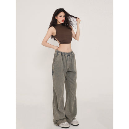 Antmvs Zhou Solid Color Turtleneck Sleeveless Backless Drawstring Pleated Cropped Top