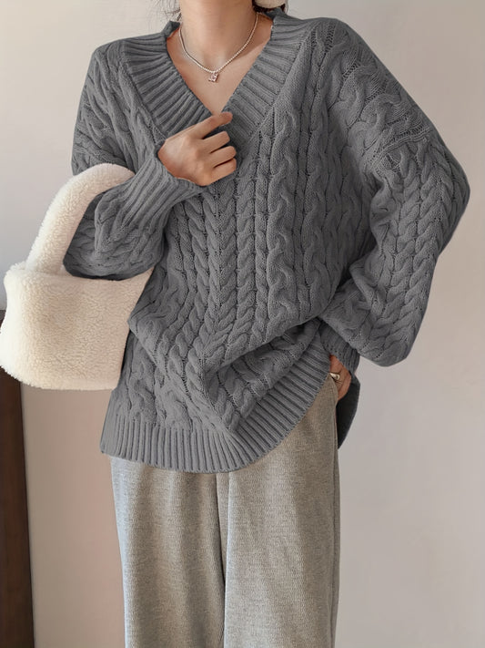 Antmvs Oversized V Neck Knitted Pullover Sweater, Elegant Long Sleeve Sweater For Fall & Winter, Women's Clothing