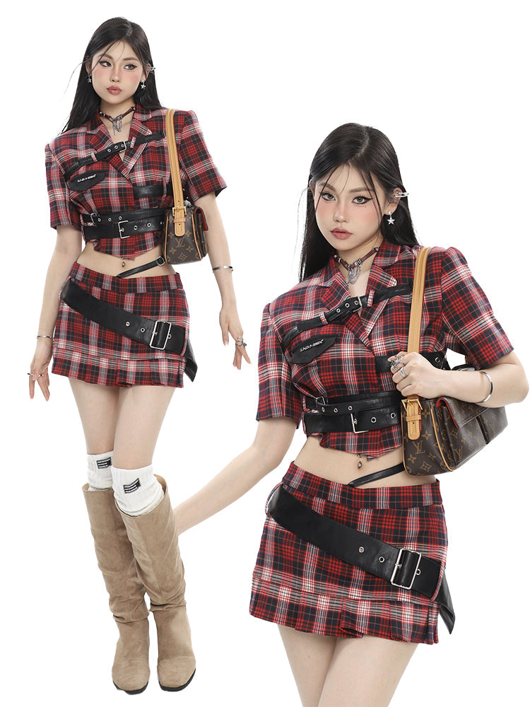 Antmvs Suzy Red Plaid Short Sleeve Waist Belt Cropped Top + High Waist Black Belt Mini Skirt Matching Set