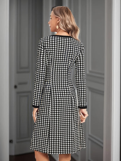 Antmvs Houndstooth Pattern Contrast Trim Dress, Elegant Long Sleeve Crew Neck Dress, Women's Clothing