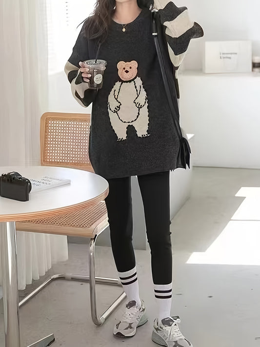 Antmvs Cute Bear Graphic Long Sleeve Sweater, Color Block Casual Every Day Sweater, Women's Clothing