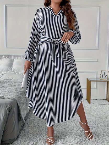 Antmvs Plus Size Casual Dress, Women's Plus Stripe Print Long Sleeve V Neck Round Hem Dress With Belt