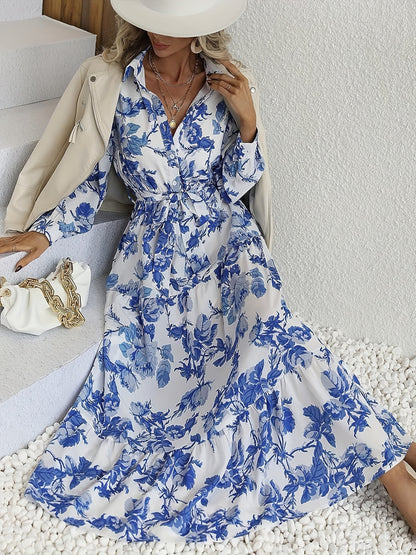 Antmvs Floral Print Elastic Waist Dress, Boho Vacation Long Sleeve Midi Dress, Women's Clothing
