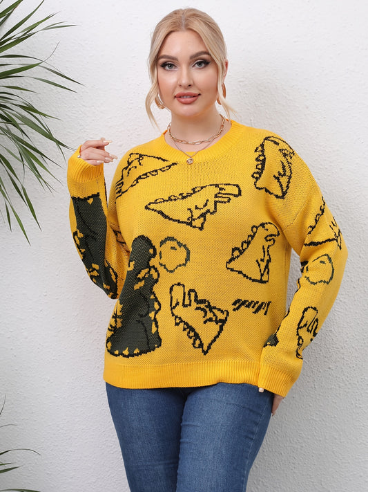 Antmvs Plus Size Dinosaur Jacquard Sweater, Women's Plus Pullover Slight Stretch Casual Sweater