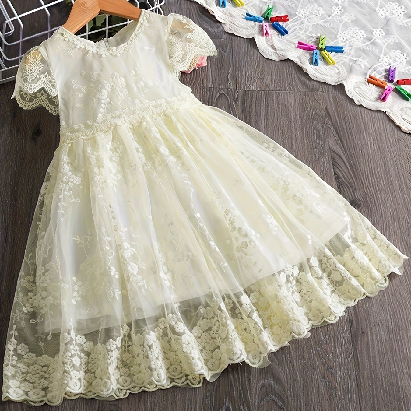 Toddler Kid's Elegant Lace Mesh Dress, Solid Color Cap Sleeve Princess Dress, Baby Girl's Clothing For Formal Occasion/Birthday Party/Photography