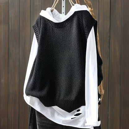 Antmvs Solid Crew Neck Knitted Vest, Casual Sleeveless Loose Sweater, Women's Clothing