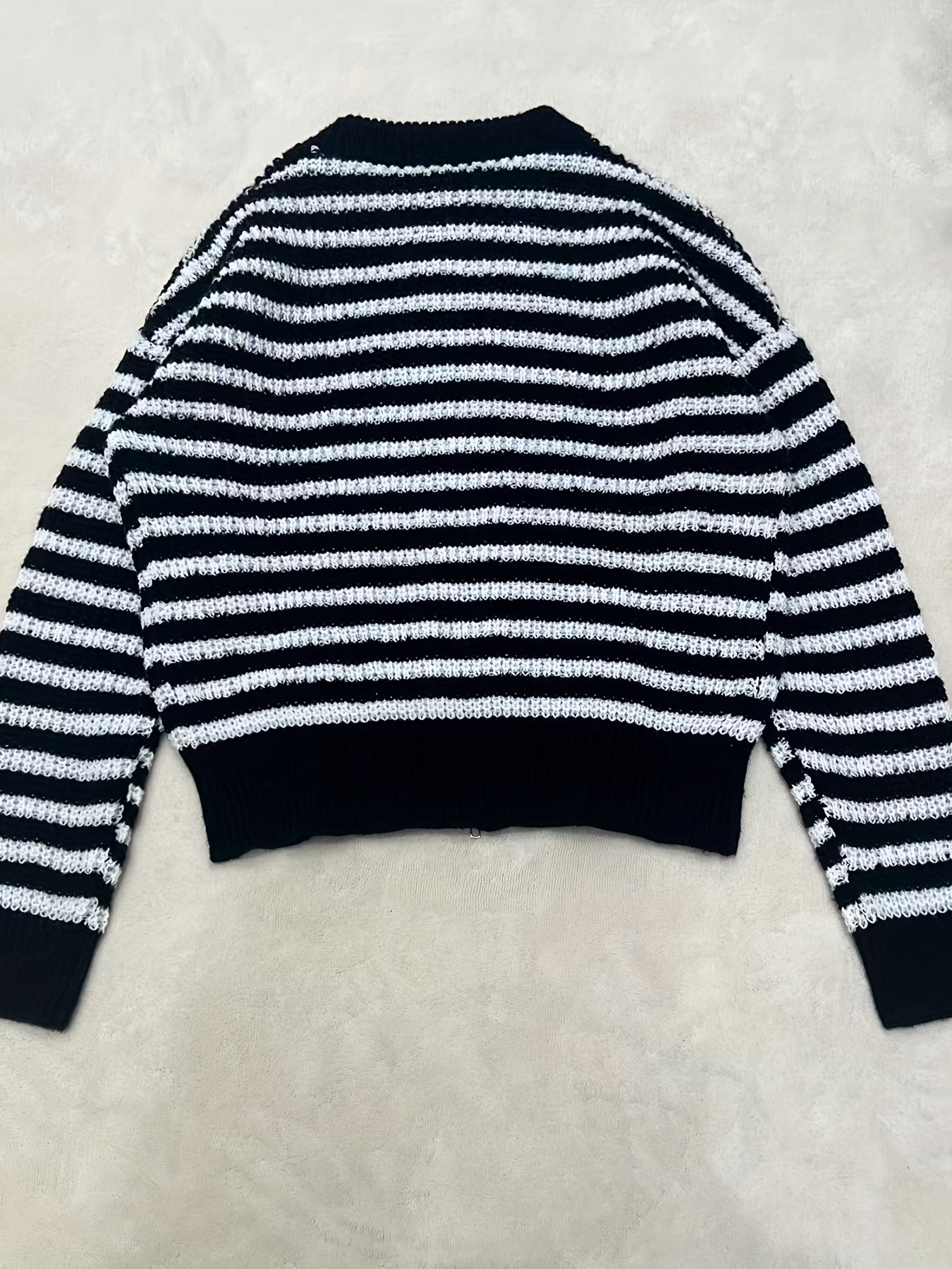 Antmvs Striped Crew Neck Zip Up Cardigan, Casual Long Sleeve Sweater For Spring & Fall, Women's Clothing