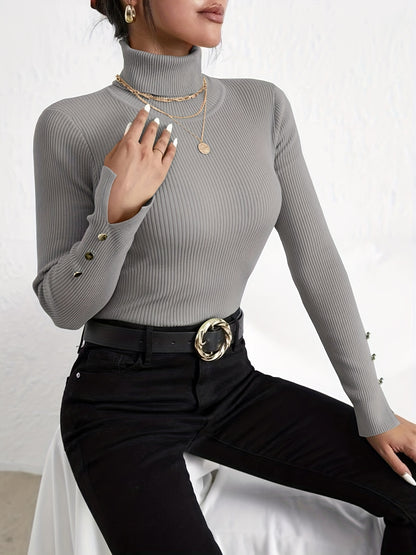 Antmvs Solid Turtle Neck Slim Pullover Sweater, Casual Long Sleeve Fake Button Sweater For Fall & Winter, Women's Clothing