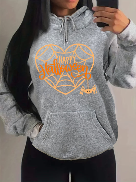 Antmvs Plus Size Halloween Casual Sweatshirt, Women's Plus Web & Heart & Spider Print Long Sleeve Drawstring Hooded Sweatshirt With Pockets