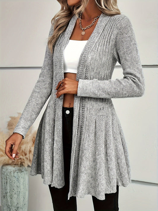 Antmvs Open Front Solid Flare Cardigan, Long Sleeve Cardigan For Fall & Winter, Women's Clothing