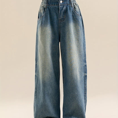 Antmvs Girls Raw Hem Gradient Color Jeans Casual Elastic Waist Loose Wide Leg Denim Pants Kids Spring Summer Clothes