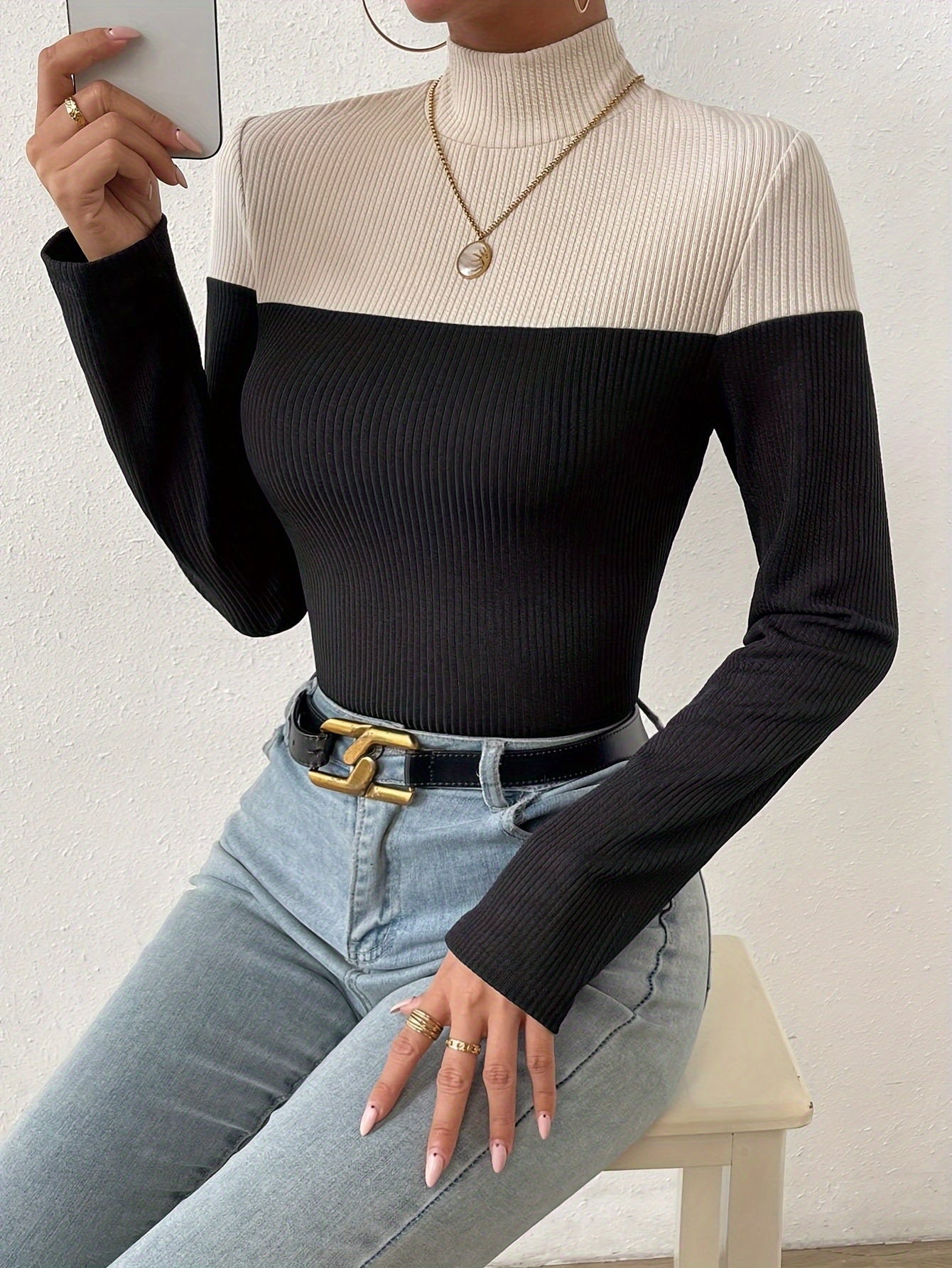 Antmvs Ribbed Colorblock Mock Neck T-Shirt, Casual Long Sleeve Top For Spring & Fall, Women's Clothing