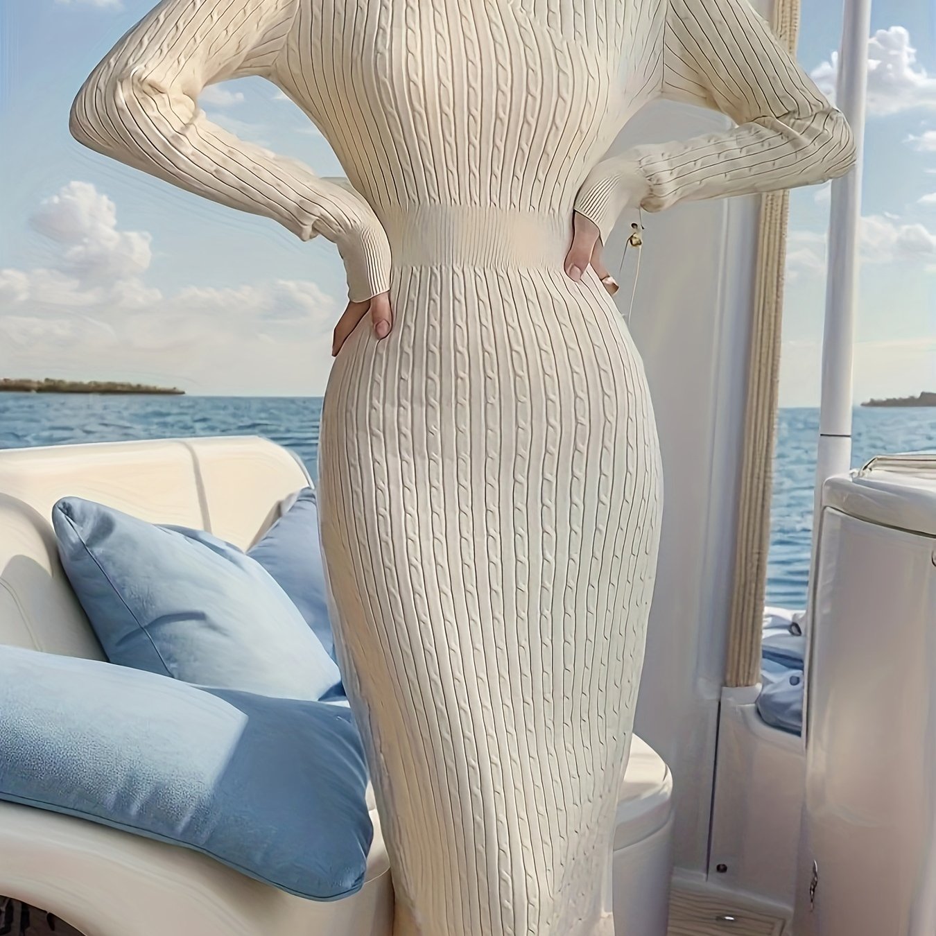 Antmvs Keyhole Sweater Dress, Elegant Long Sleeve Split Bodycon Dress, Women's Clothing