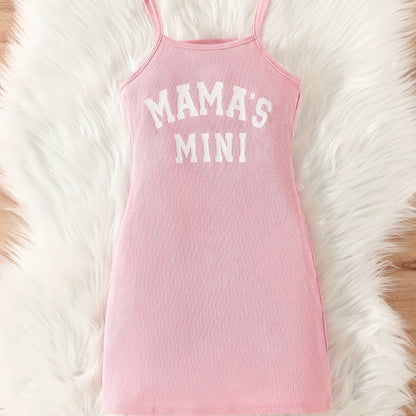 Chic 'Mama's Mini' Slogan Bodycon Cami Dress - Girls' Stretchy Ribbed Summer Wear