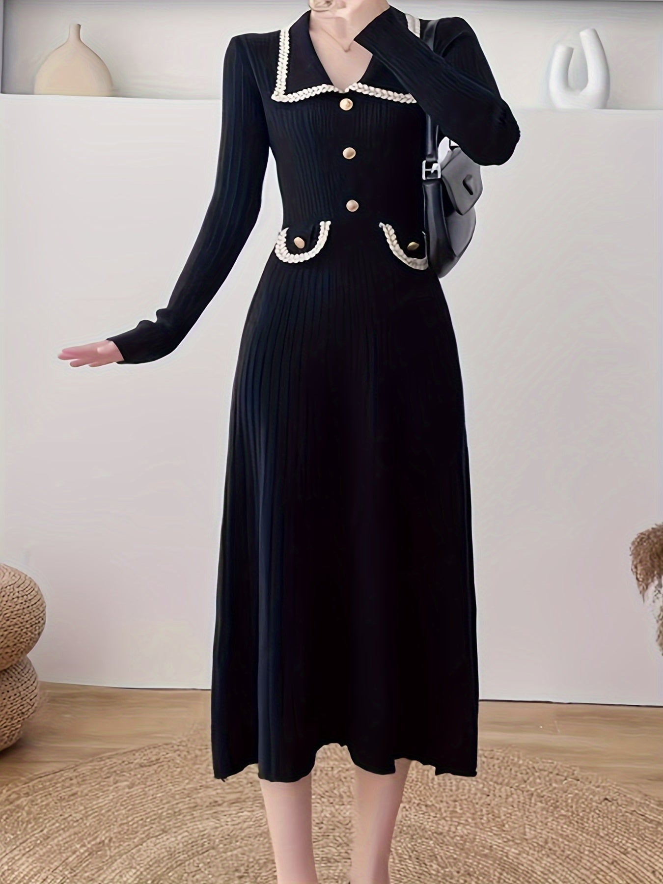 Antmvs Button Front High Waist Dress, Elegant Long Sleeve Midi Dress, Women's Clothing