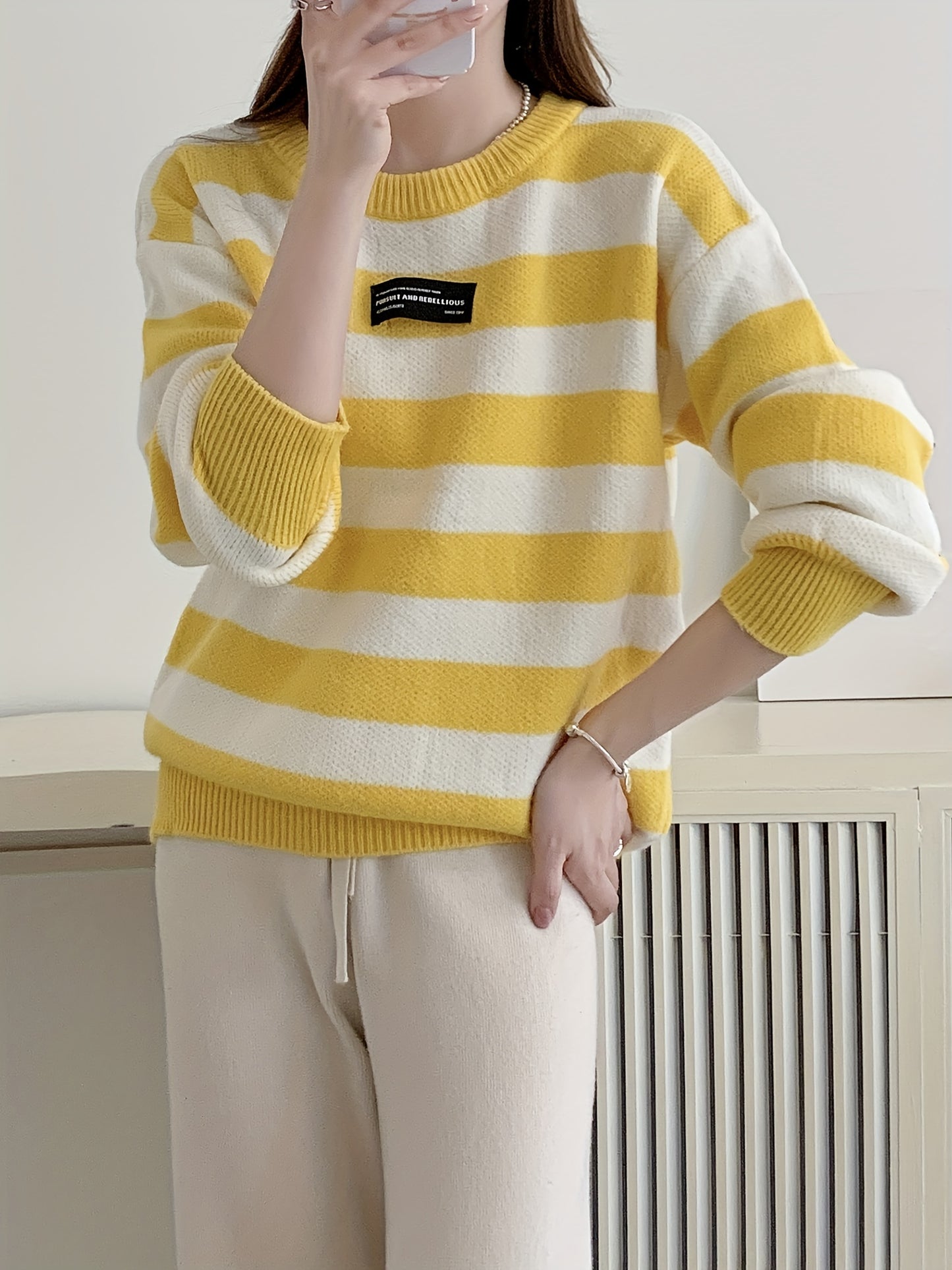 Antmvs Striped Crew Neck Pullover Sweater, Elegant Long Sleeve Loose Sweater, Women's Clothing