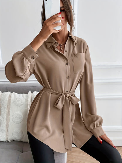 Antmvs Solid Pocket Polo Collar Belted Blouse, Casual Long Sleeve Blouse For Spring & Fall, Women's Clothing