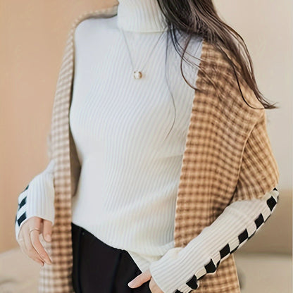 Antmvs Plaid Turtle Neck Pullover Sweater, Casual Long Sleeve Slim Versatile Sweater, Women's Clothing