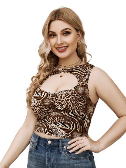 Antmvs Plus Size Sexy Tank Top, Women's Plus Leopard Print Cut Out Round Neck Medium Stretch Top