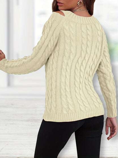 Antmvs Cable Knit V Neck Sweater, Long Sleeve Solid Casual Sweater, Women's Clothing