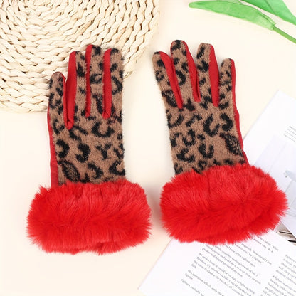 Vintage Leopard Print Faux Fur Cuff Knitted Touchscreen Gloves for Women – Polyester, Full-Finger, Non-Stretch, Stripe Pattern, Mittens for Casual Weekend Use – Warm, Crafted Knitting, No Electricity Required