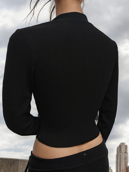 Antmvs Ribbed Zip Front Crop T-Shirt, Casual Long Sleeve Top For Spring & Fall, Women's Clothing