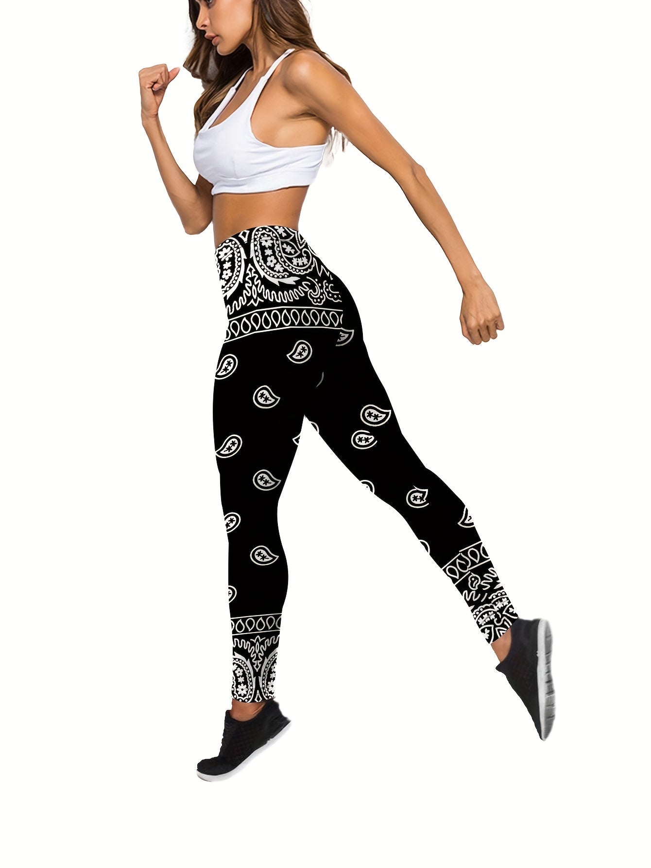 Plus Size Two Piece Sports Outfits Set - Women's Boho Chic Paisley Print Racer Back Tank Top & Leggings for Yoga, Running, Fitness, and Active Wear with Slight Stretch