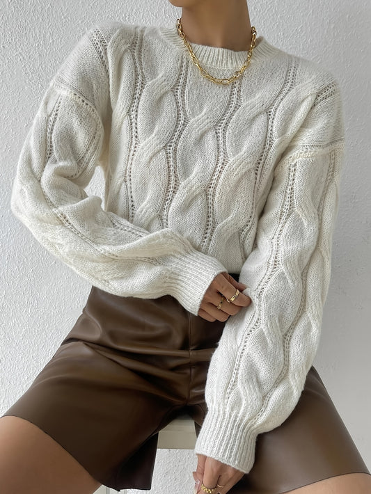 Antmvs Cable Knit Crew Neck Sweater, Elegant Lantern Sleeve Sweater For Fall & Winter, Women's Clothing