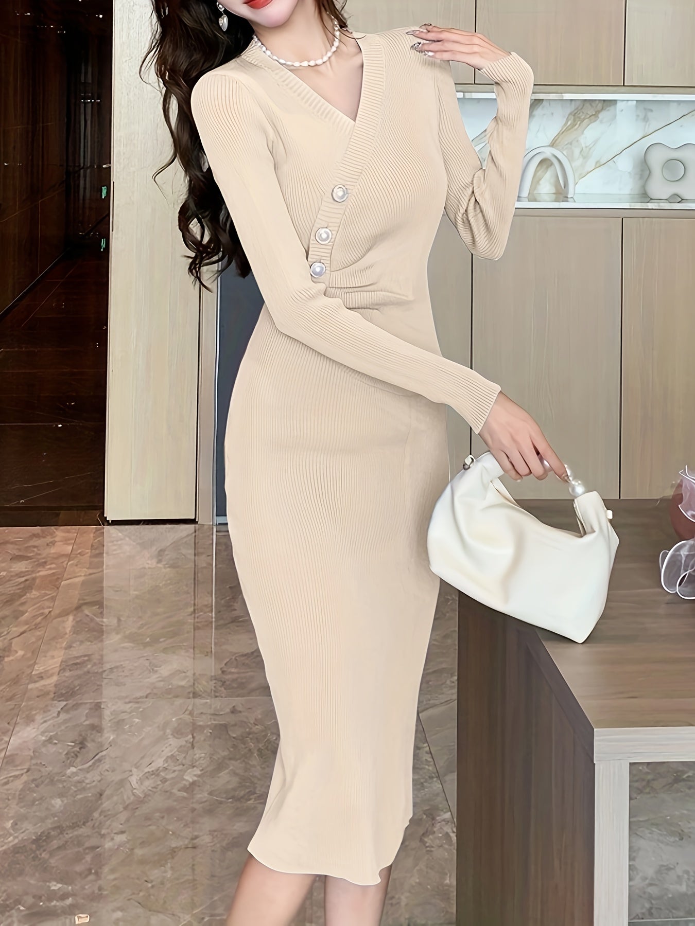 Antmvs Button Front Solid Midi Dress, Elegant V Neck Long Sleeve Dress, Women's Clothing