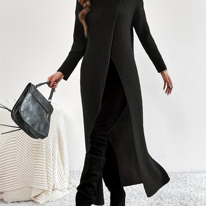 Antmvs Solid High Neck Split Dress, Elegant Long Sleeve Maxi Dress, Women's Clothing