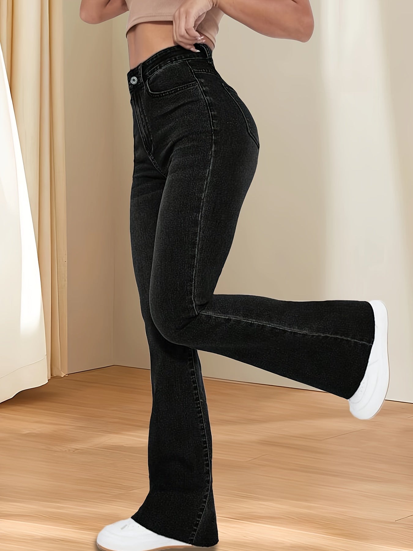 Antmvs Black Slant Pockets Flare Jeans, High Stretch Washed Bell Bottom Jeans, Women's Denim Jeans & Clothing