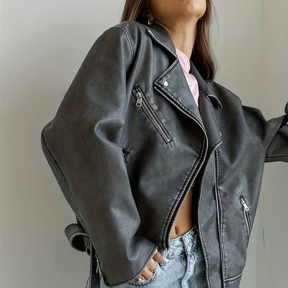 Antmvs Vintage Lapel Belted Biker Jacket, Long Sleeve Slant Zipper Pockets Loose Jacket, Women's Clothing