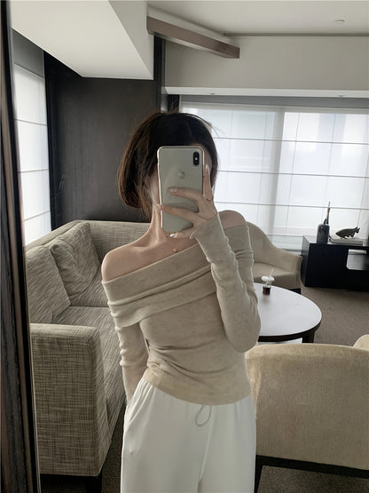 Antmvs Solid Off Shoulder Knitted Top, Y2K Long Sleeve Slim Sweater For Spring & Fall, Women's Clothing