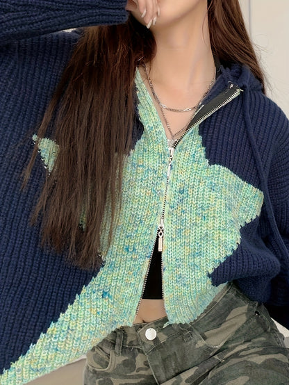 Antmvs Star Pattern Knit Drawstring Hooded Sweater, Casual Zip Up Long Sleeve Loose Sweater, Women's Clothing