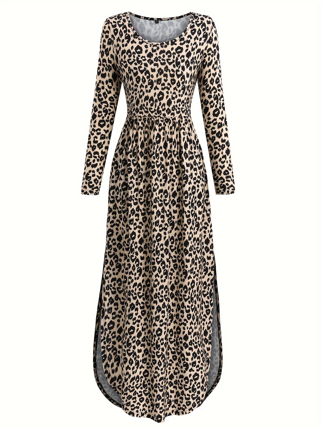 Antmvs Leopard Print Long Sleeve Dress, Casual Crew Neck Split Curved Hem Dress, Women's Clothing