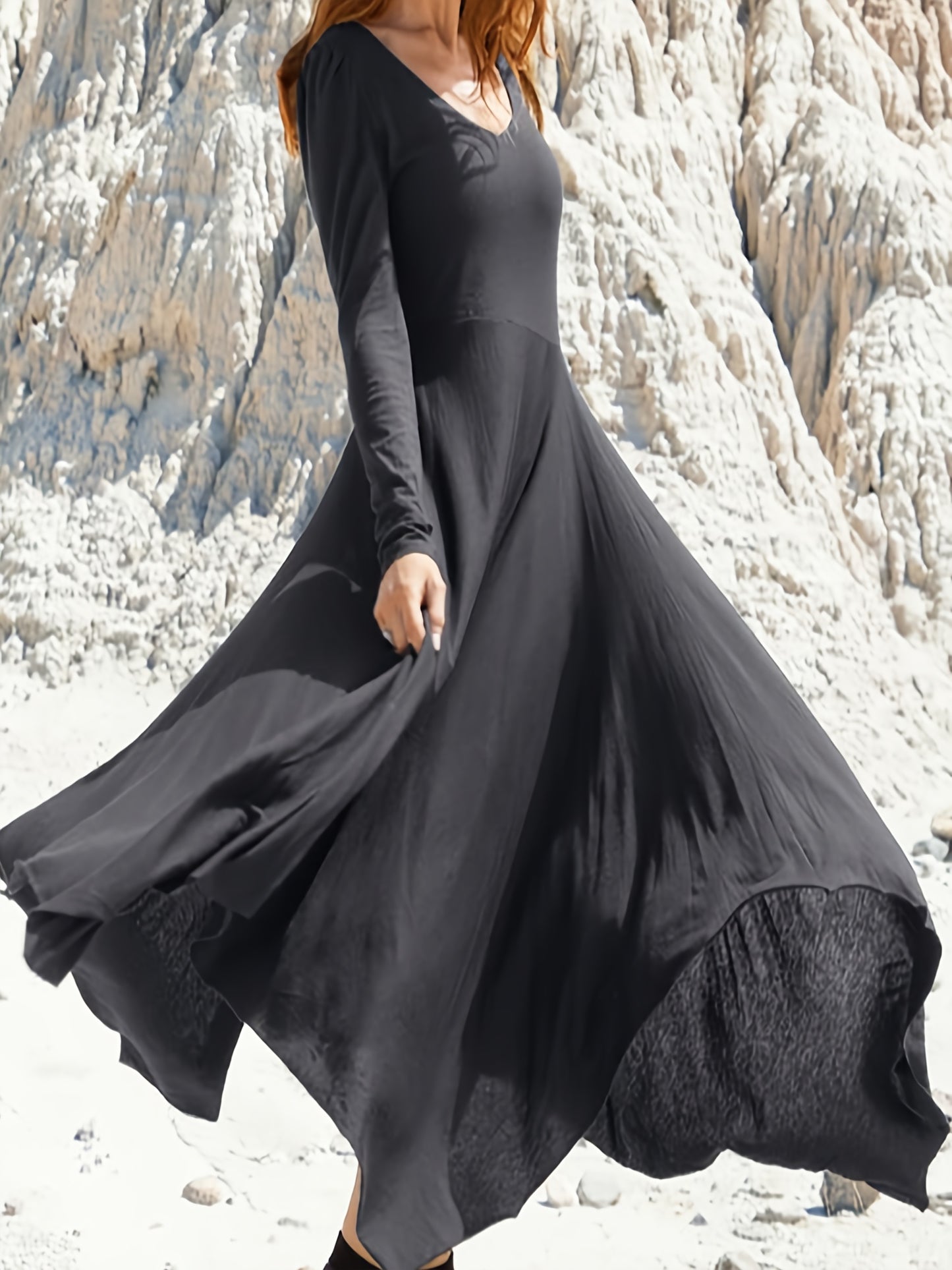 Antmvs Plus Size Casual Dress, Women's Plus Solid Long Sleeve Round Neck Asymmetric Hem Maxi Dress