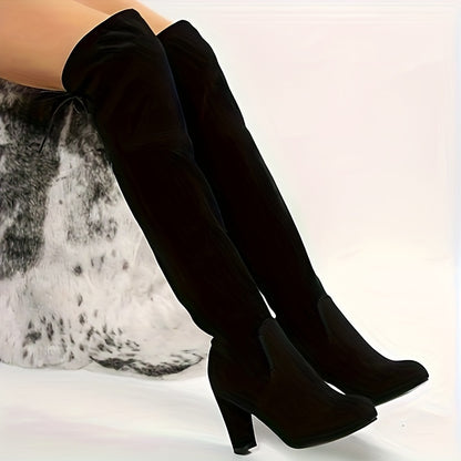 Women's Solid Color Block Heeled Boots, Fashion Slip On Over The Knee Boots, Stylish Dress Boots