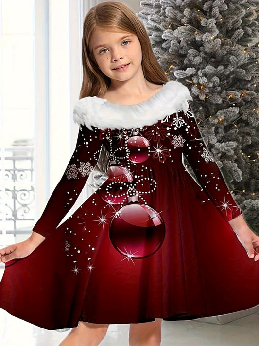 Stylish Jingle Bell Long Sleeve Graphic Dress for Girls - Activewear for Christmas Gift - Elegant, Comfortable, and Fun Holiday Outfit