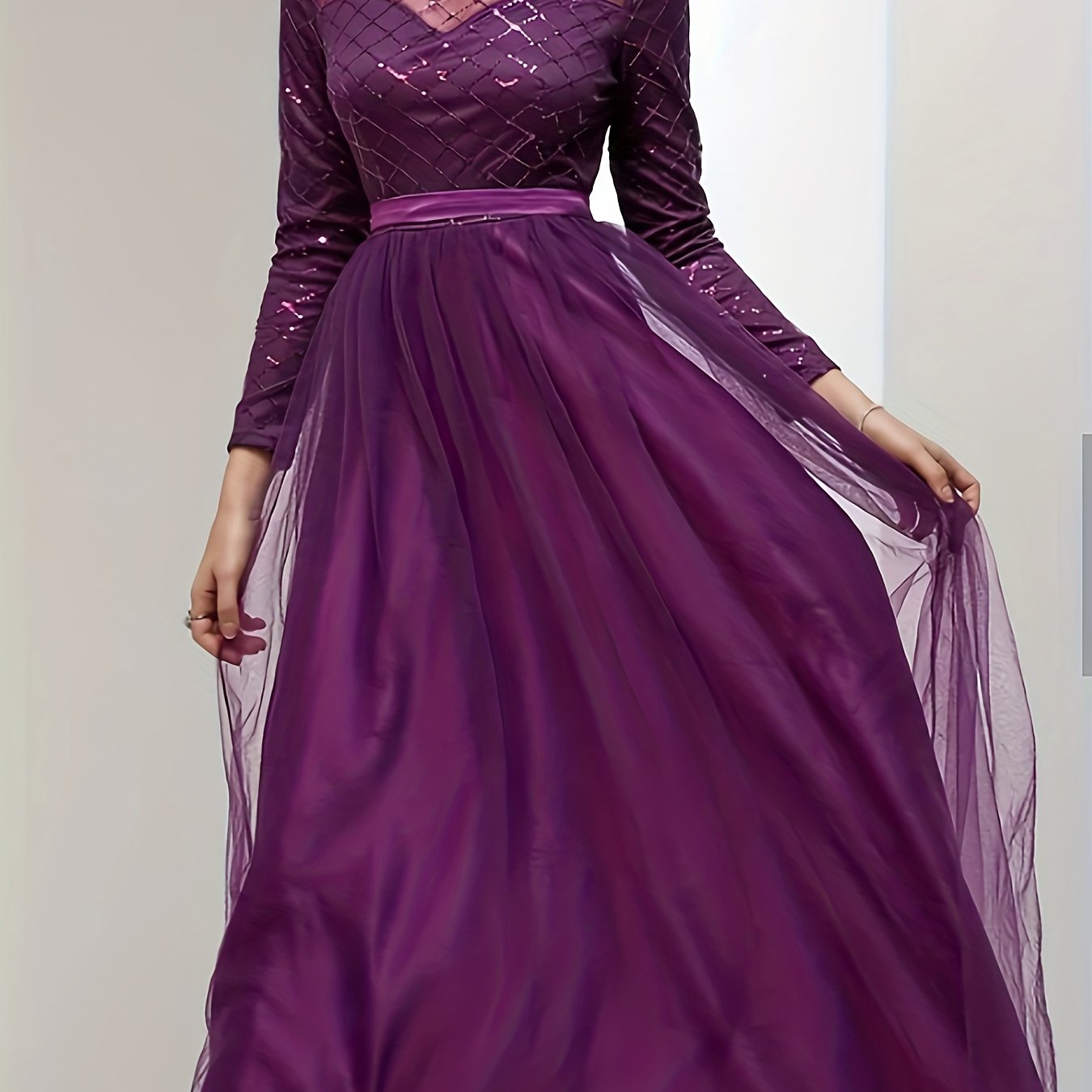 Antmvs Plus Size Elegant Wedding Guest Dress, Women's Plus Glitter Sequin Decor Long Sleeve Mesh Overlay Party Formal Dress