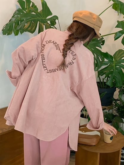 Antmvs Letter Embroidered Button Front Shirt, Casual Long Sleeve Corduroy Outwear For Spring & Fall, Women's Clothing