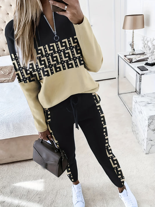 Antmvs Graphic Print Casual Two-piece Set, Color Block Zipper Tops & Drawstring Long Length Pants Outfits, Women's Clothing