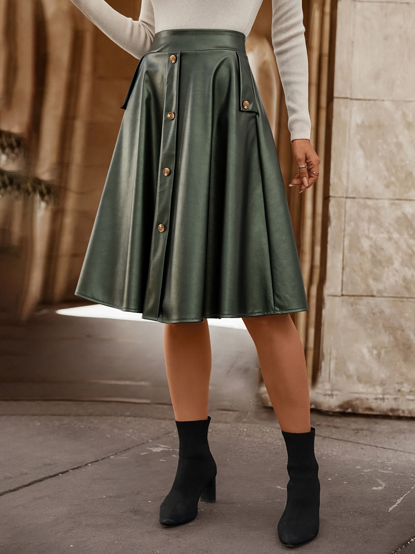 Antmvs Faux Leather Button Front Skirt, Elegant Ruffle Hem Midi Skirt With Pocket, Women's Clothing