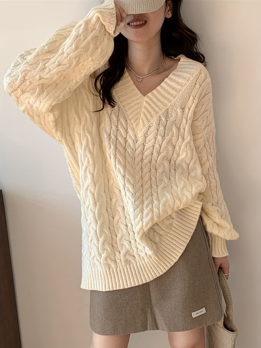 Antmvs Oversized V Neck Knitted Pullover Sweater, Elegant Long Sleeve Sweater For Fall & Winter, Women's Clothing