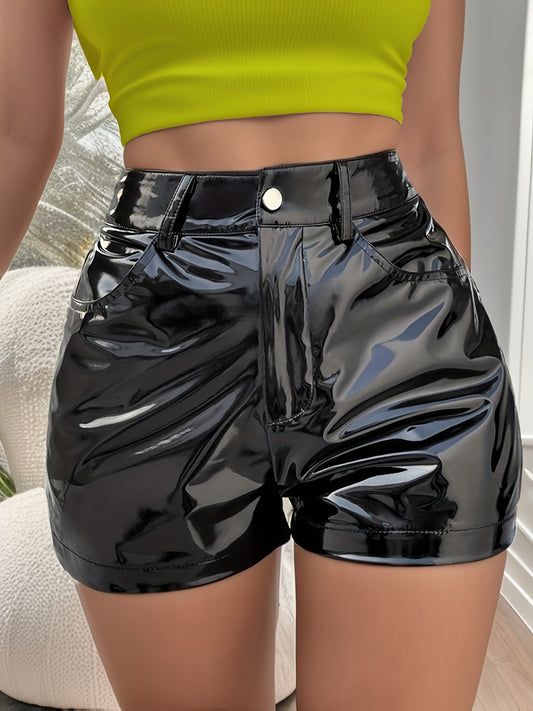 Antmvs Solid PU Leather Pocket Shorts, Elegant Shorts For Spring & Summer, Women's Clothing