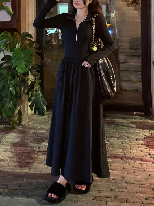 Antmvs Zipper Solid Maxi Dress, Casual Long Sleeve Loose Dress, Women's Clothing