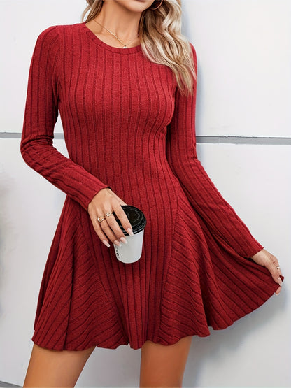 Antmvs Rib Knit Long Sleeve Flare Dress, Casual Crew Neck Dress For Spring & Summer, Women's Clothing