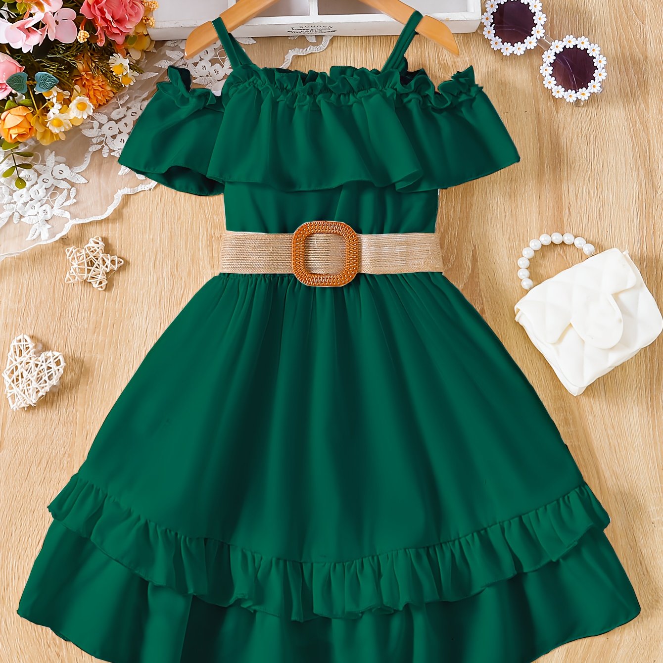 Charming Girls Solid Ruffle Trim Dress - Fashionable Belted Waist for Summer Parties & Holidays - Premium Quality, Comfortable, Ideal Gift