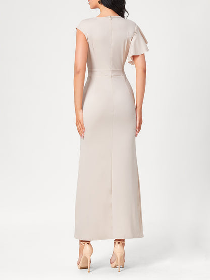 Antmvs Ruffle Trim Split Asymmetrical Dress, Elegant Solid Bodycon Party Dress, Women's Clothing
